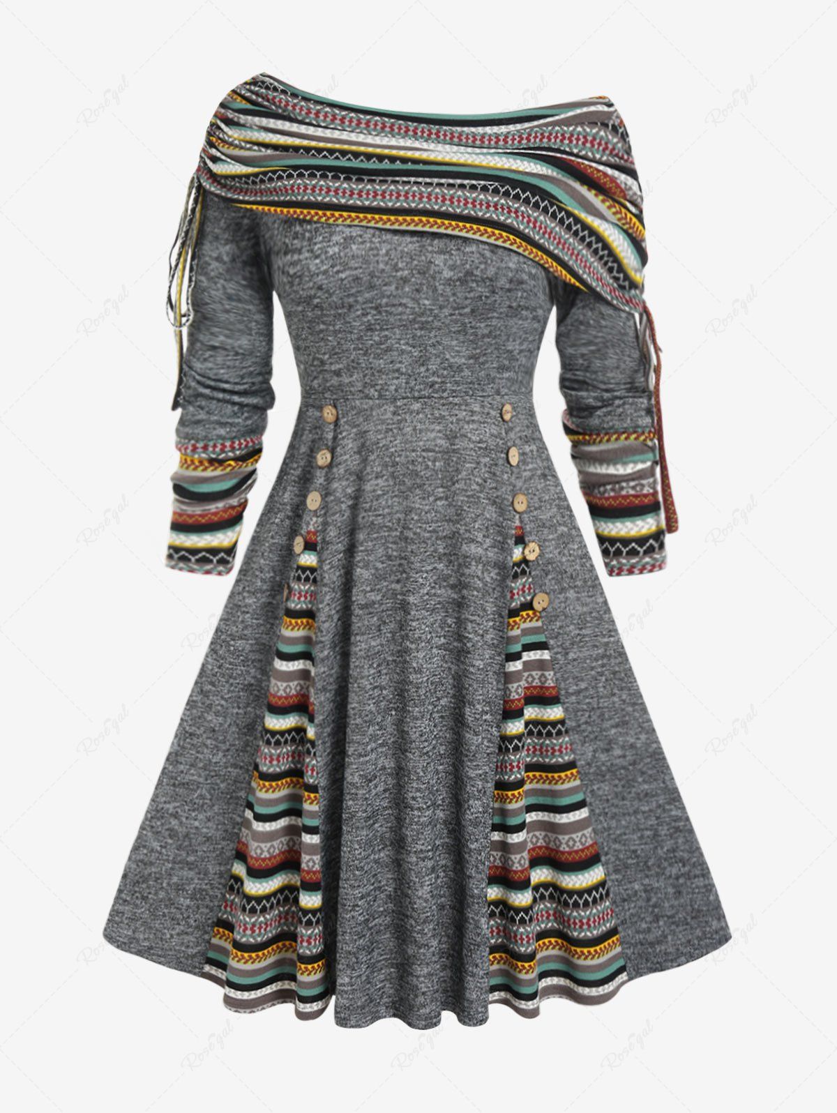 Discount Plus Size Ethnic Pattern Fold Cinched Boat Collar Godet Knitted Dress  