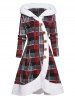 Robe à Capuche à Carreaux Imprimé Boutonnée Taille Haute à Ourlet Asymétrique à Manches Longues - Rouge foncé S