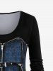 T-shirt Gothique à Imprimé 3D Boucle en Jean à Manches Longues - Bleu profond L | États-Unis 12