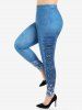 Legging Moulant à Imprimé 3D Flocon de Neige Denim de Grande Taille à Lacets - Bleu profond 2X | US 18-20