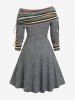 Plus Size Ethnic Pattern Fold Cinched Boat Collar Godet Knitted Dress -  