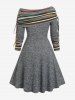 Robe Cocktail Plissée Ethnique en Tricot de Grande Taille à Col Bateau - Gris 2X | US 18-20