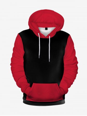 Men Two Tone Front Pocket Long Sleeves Pullover Hoodie - RED - XL