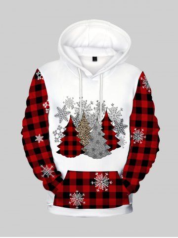 Plus Size Christmas Tree Snowflakes Plaid Flocking Lined Front Pocket Pullover Hoodie - DEEP RED - 2XL