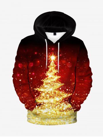 Mens 3D Sparkles Christmas Tree Flocking Lined Front Pocket Pullover Hoodie - RED - M