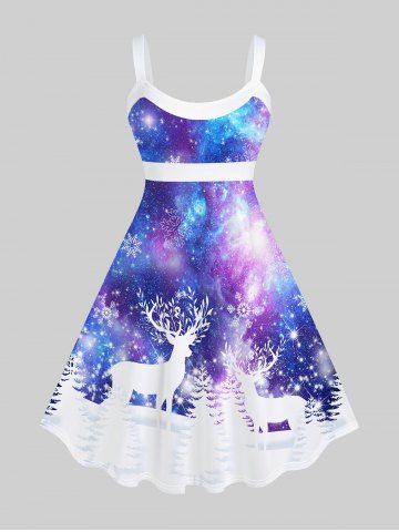 Plus Size Christmas Elk Snowflake Print Tie Dye Sleeveless Dress - BLUE - S | US 8