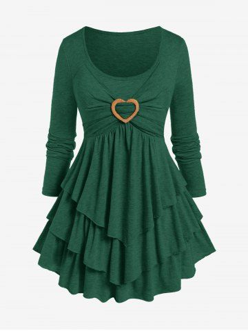 Plus Size Heart Ring Layered Long Sleeves T Shirt - DEEP GREEN - L | US 12