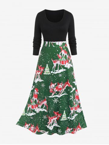 Plus Size Fox Snowflake Print Christmas Midi Dress - DEEP GREEN - XL