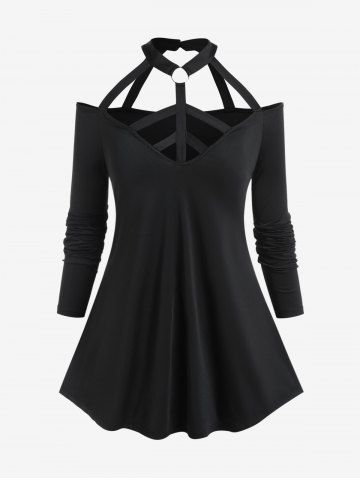 Plus Size Caged Cutout Ring Open Shoulder Top