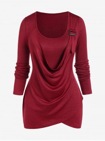 Plus Size Long Sleeve Cowl Front Buckled T-shirt - DEEP RED - 4X | US 26-28