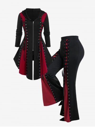 Gothic Hooded Lace Up Grommets Colorblock Coat and Lace-up Flare Pants Plus Size Outerwear Outfit