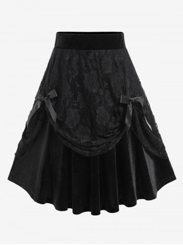 Plus Size Lace Overlay Bowknot Velour Skirt - BLACK - 1X | US 14-16