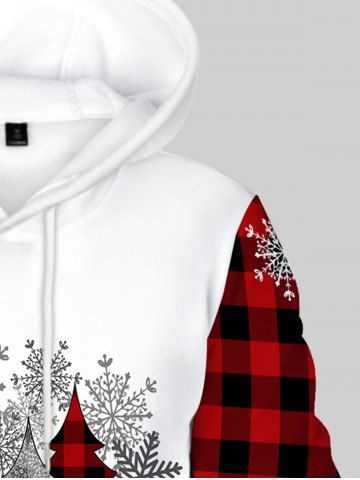 Plus Size Christmas Tree Snowflakes Plaid Flocking Lined Front Pocket Pullover Hoodie