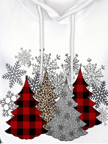 Plus Size Christmas Tree Snowflakes Plaid Flocking Lined Front Pocket Pullover Hoodie