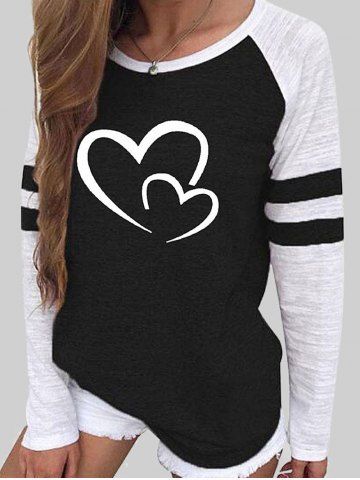 Plus Size Heart Print Colorblock Striped Detail Raglan Sleeve T-shirt - BLACK - 3XL