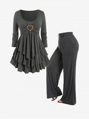 Heart Ring Layered Long Sleeves T Shirt and Pockets Wide Leg Pull On Pants Plus Size Outfit - GRAY
