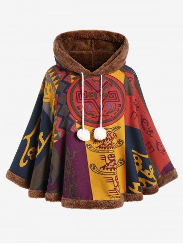 Plus Size Hooded Ethnic Print Pompom Poncho Coat - ORANGE - ONE SIZE