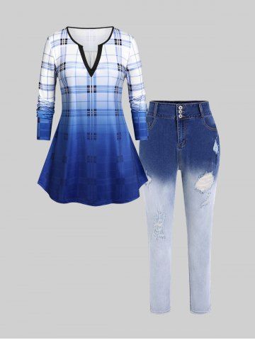 Plus Size Plaid Ombre Color T-shirt and Dip Dye Ripped Jeans Outfit