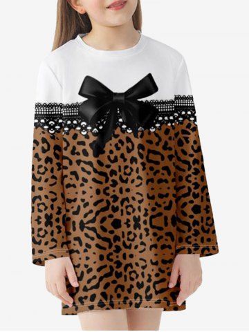 Kids Leopard Bow Print Long Sleeve T-shirt Dress - COFFEE - 130
