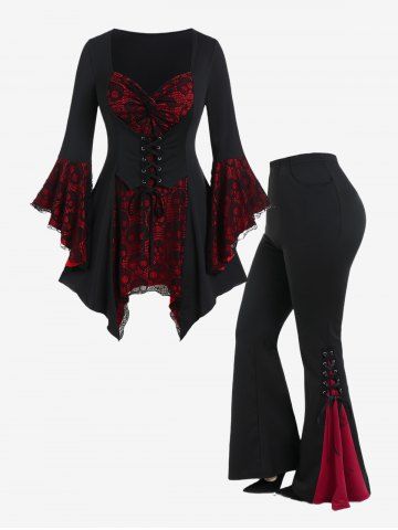 Gothic Bell Sleeve Skull Lace Handkerchief Tee and Lace Up Contrast Godet Hem Flare Pants Outfit - BLACK