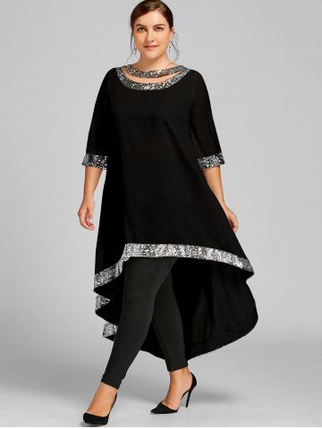 Plus Size Glitter Sequin Trim Cutout High Low Dress - BLACK - L | US 12