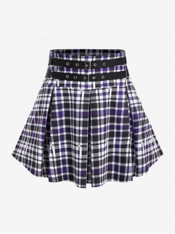 Plus Size Checked Buckle Grommets Pleated Detail Mini Skirt - BLACK - M | US 10