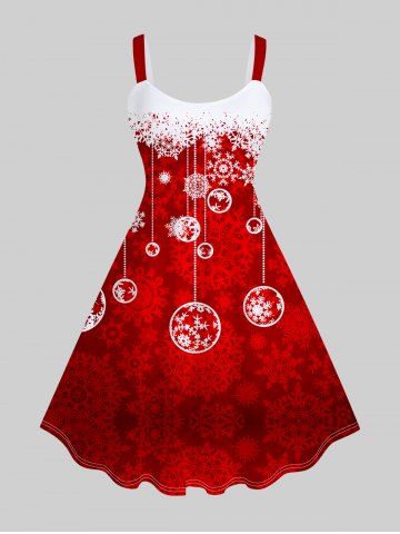 Plus Size Christmas Snowflake Balls Printed Colorblock A Line Dress - RED - L | US 12
