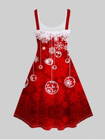 Plus Size Christmas Snowflake Balls Printed Colorblock A Line Dress