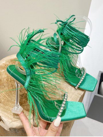 Fluffy Feather Rhinestone Decorated Lace Up Strappy Clear Heel Pumps