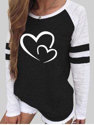 T-shirt Rayé à Imprimé Cœur Détaillé en Blocs de Couleurs à Manches Raglan de Grande Taille - Noir 4XL