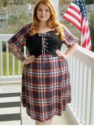 Plus Size & Curve Lace Up Raglan Sleeve Plaid Dress -  