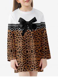 Kids Leopard Bow Print Long Sleeve T-shirt Dress -  