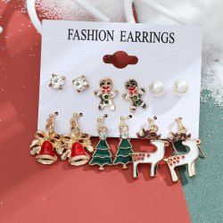 6Pcs Christmas Bell Tree Elk Earrings -  