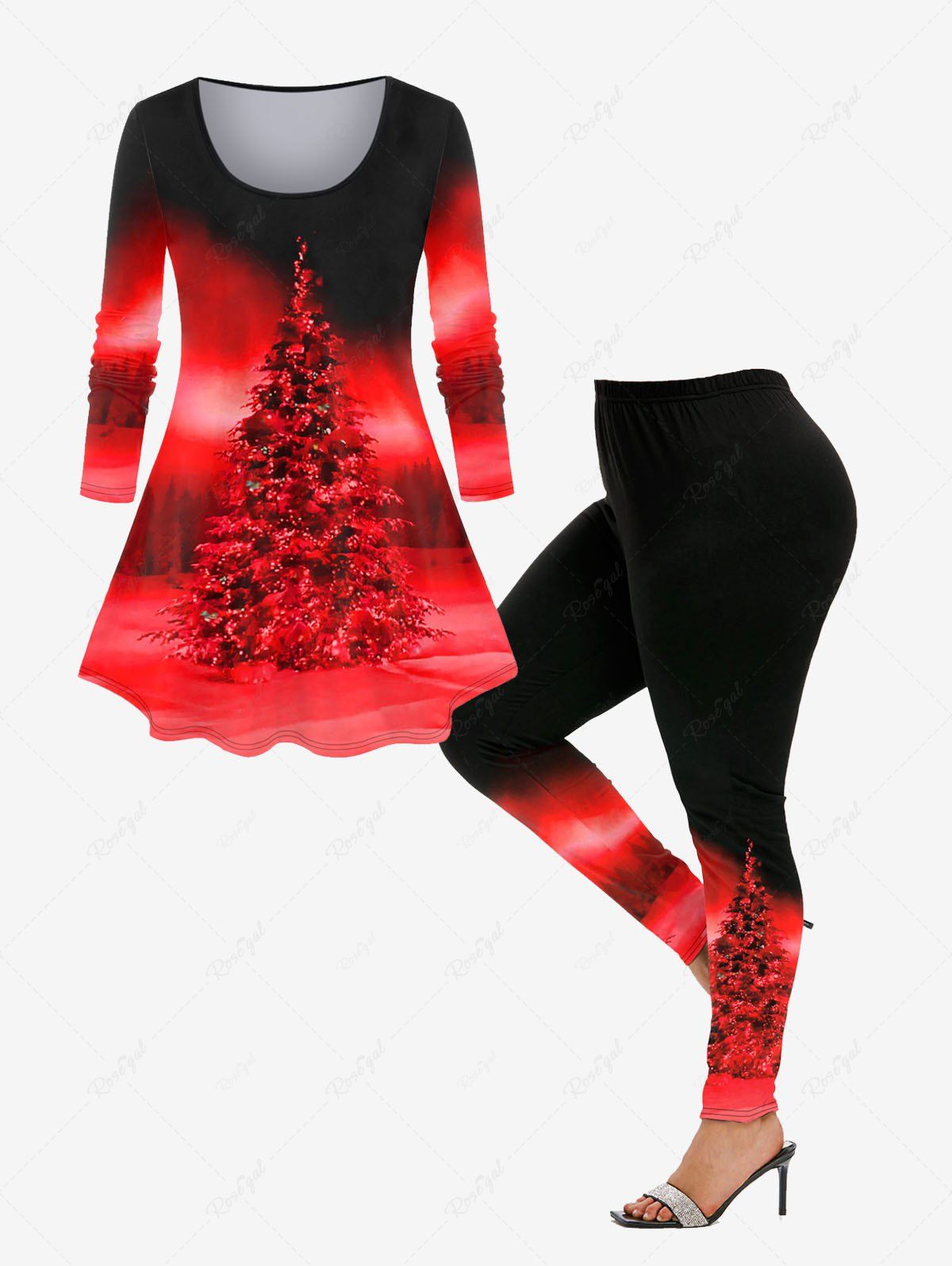 Affordable Christmas Tree Print Ombre Long Sleeve T-shirt and Leggings Plus Size Outfit  