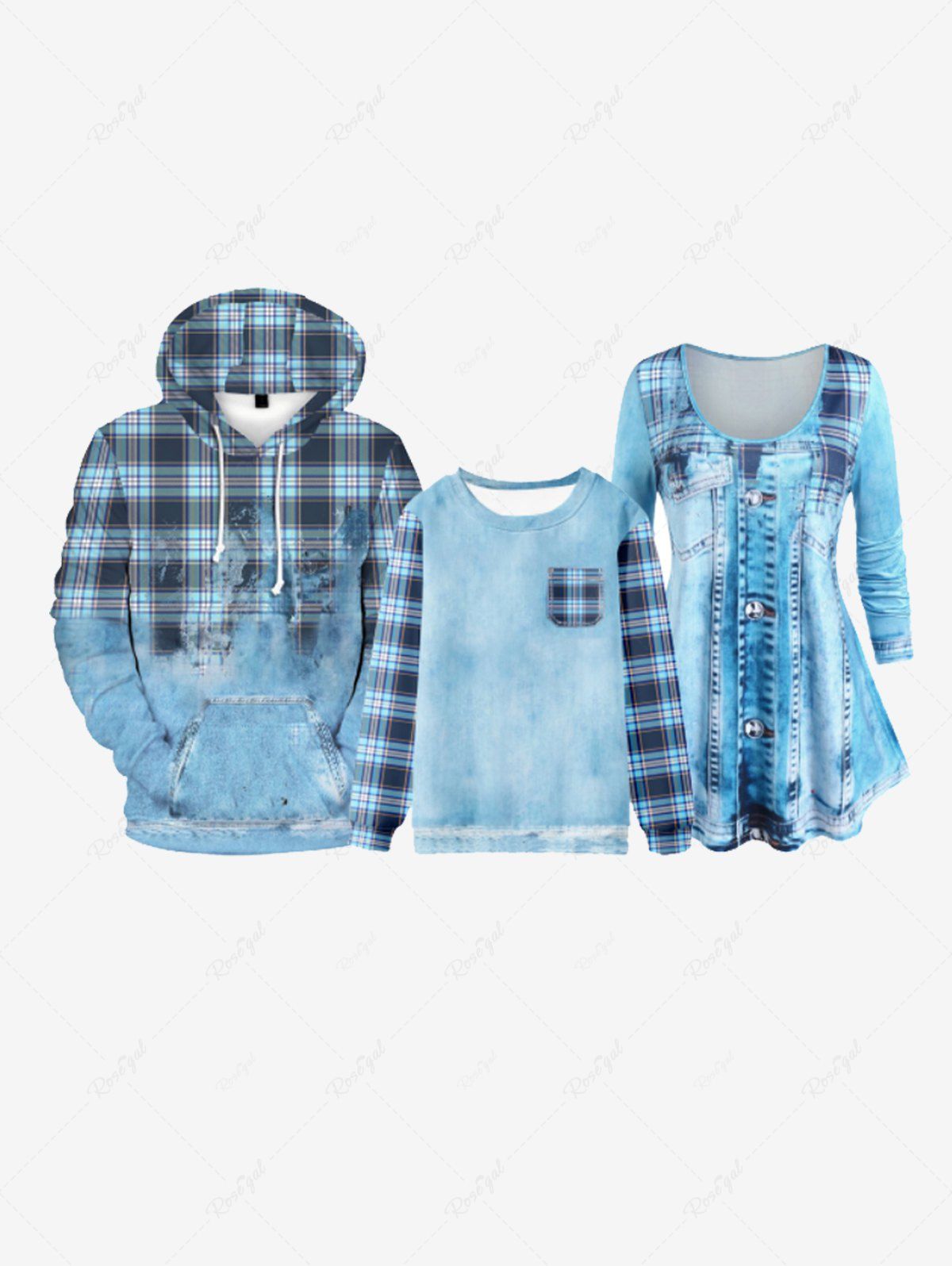 Sweat-shirt 3D à Carreaux pour Enfants Doublure en Denim avec Poche Bleu clair 140