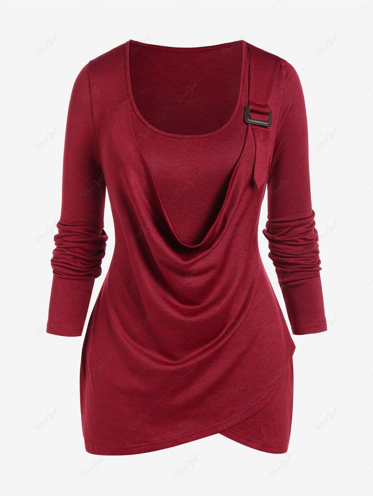 Store Plus Size Long Sleeve Cowl Front Buckled T-shirt  