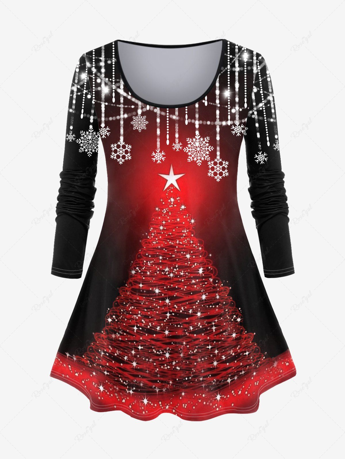 T-shirt Ombré à Imprimé Sapin de Noël et Flocon de Neige de Grande Taille Noir L | US 12
