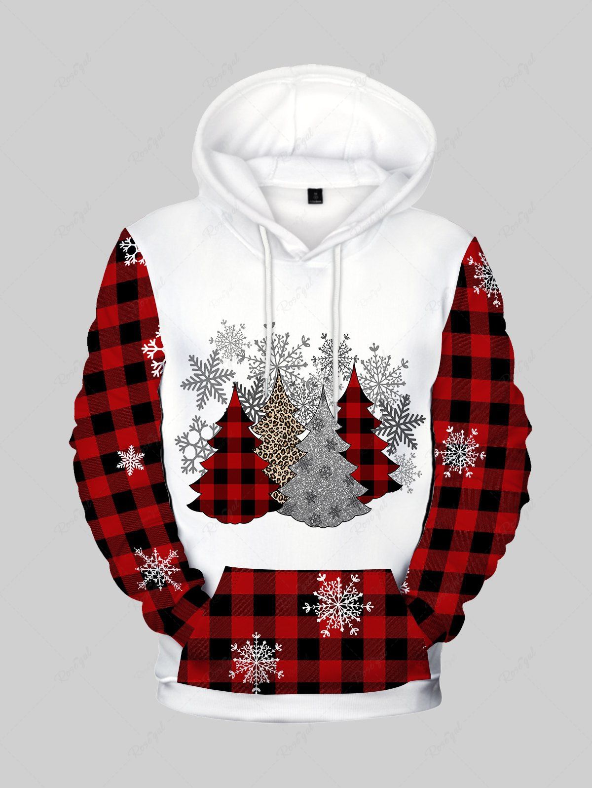 Unique Plus Size Christmas Tree Snowflakes Plaid Flocking Lined Front Pocket Pullover Hoodie  