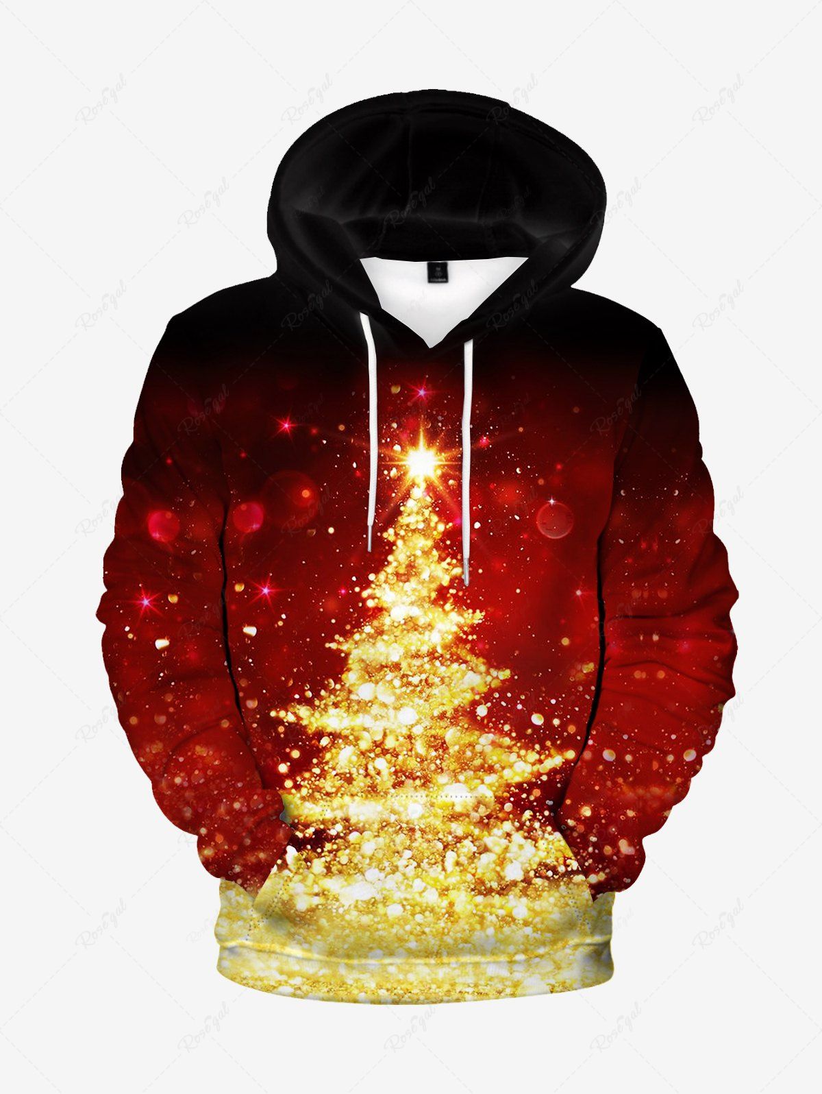 Trendy Plus Size 3D Sparkles Christmas Tree Flocking Lined Front Pocket Pullover Hoodie  