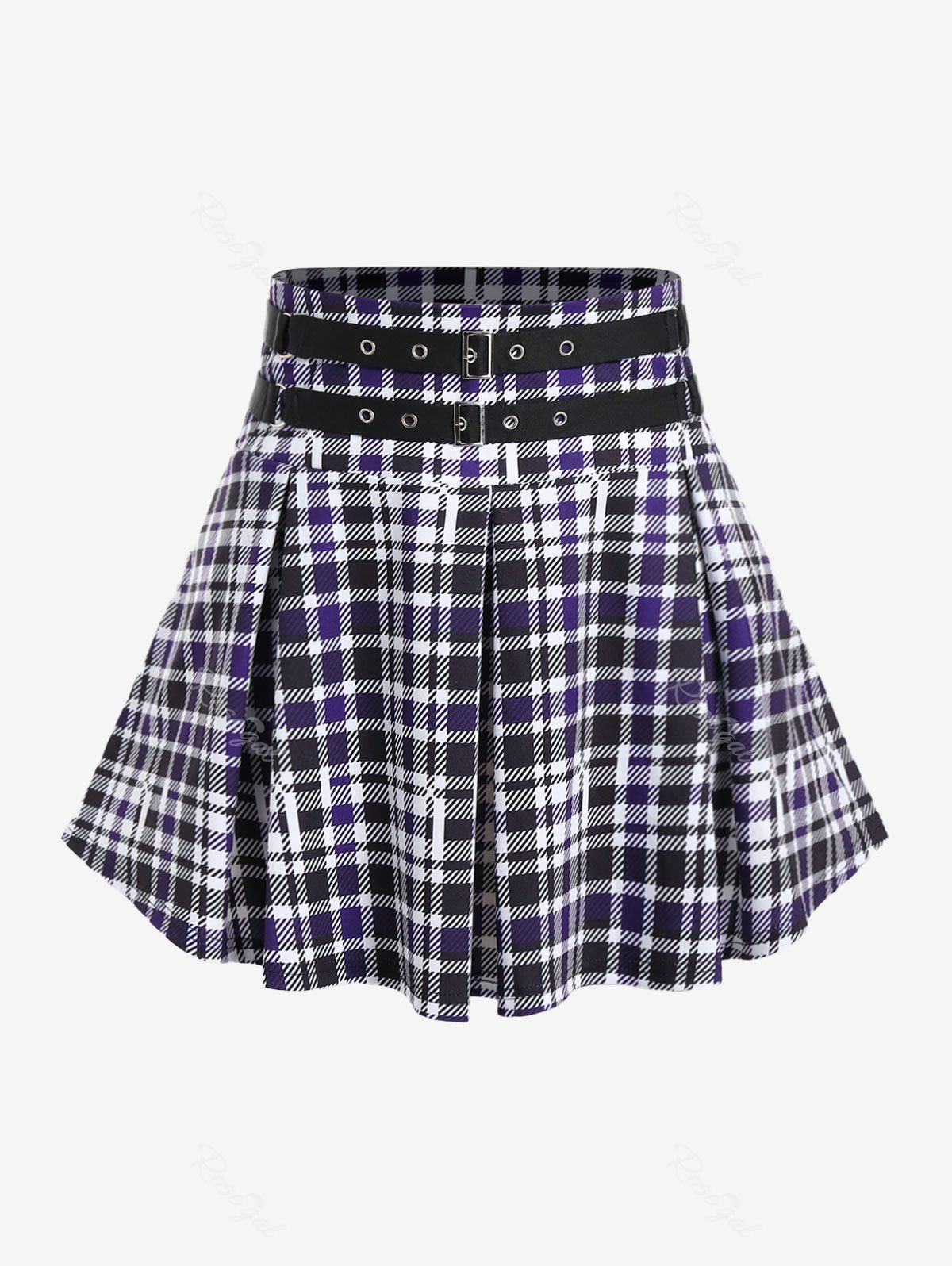 Unique Plus Size Checked Buckle Grommets Pleated Detail Mini Skirt  