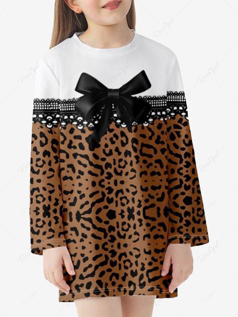 Unique Kids Leopard Bow Print Long Sleeve T-shirt Dress  