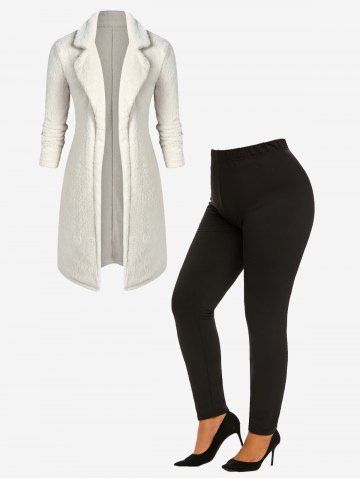 Lapel Open Front Faux Fur Long Coat and High Rise Flocking Lined Leggings Plus Size Outerwear Outfit - WHITE