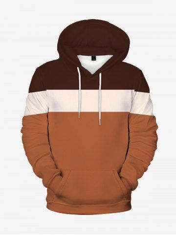 Mens Fleece Lining Colorblock Front Pocket Hoodie - COFFEE - XL