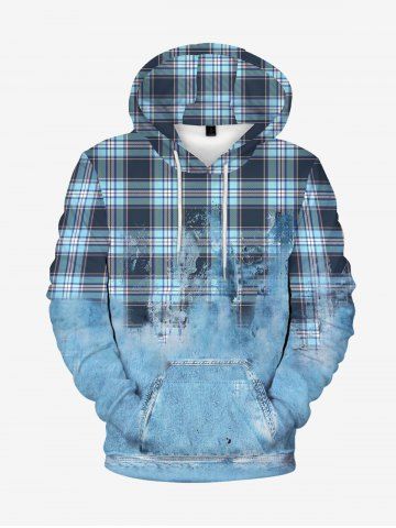 Mens Flocking Lined Checked Jean Print Front Pocket Hoodie - LIGHT BLUE - XL