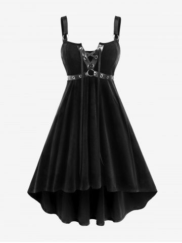Gothic Lace Up Grommets High Low Velvet Midi Dress - BLACK - 5X | US 30-32