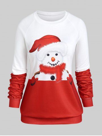 Plus Size Christmas Snowman Print Colorblock Sweatshirt - RED - 4XL