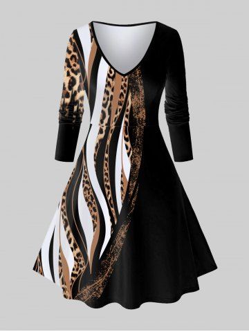 Plus Size Leopard Colorblock A Line Long Sleeve Dress - BLACK - 3X | US 22-24