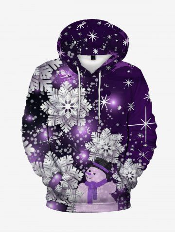 Plus Size Christmas Snowflake Snowman Print Fleece Lining Kangaroo Pocket Hoodie - PURPLE - XL