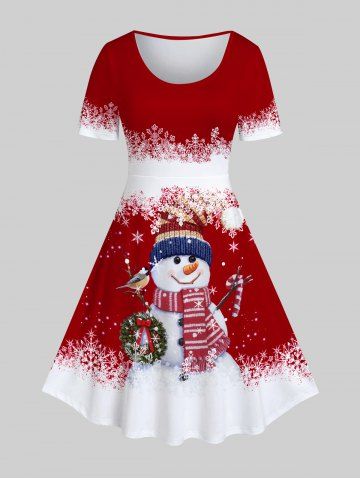 Plus Size Snowflake Snowman Print Christmas Dress - RED - M | US 10