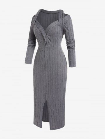 Plus Size Cold Shoulder Cutout Cable Knit Bodycon Midi Knit Dress - GRAY - 1X | US 14-16